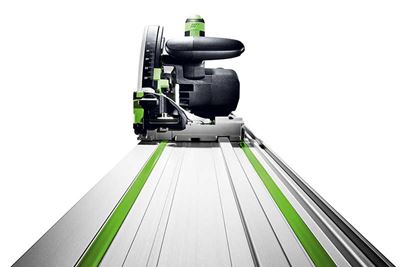Close-up of saw with guide rail